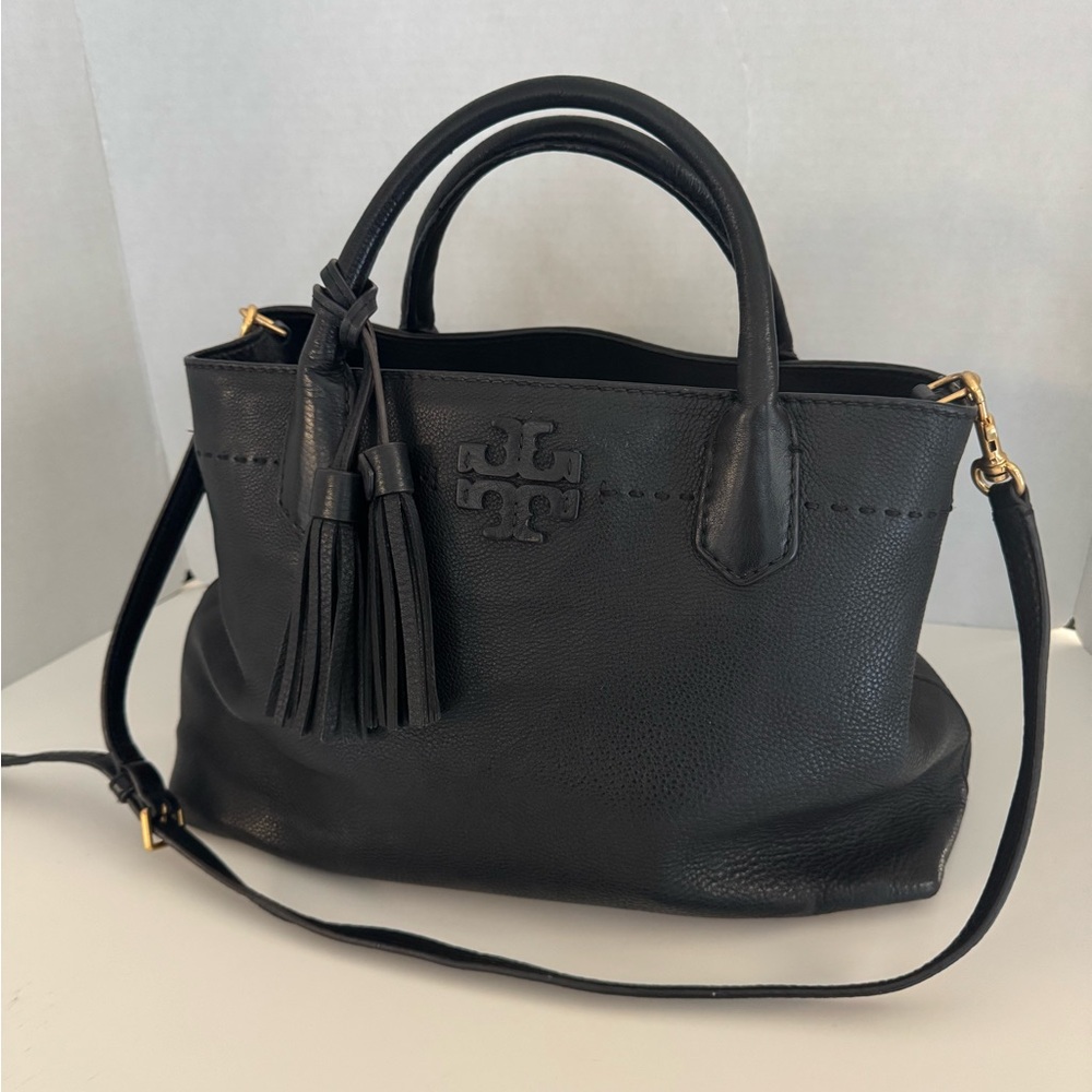 Authentic Tory Burch McGraw Satchel Black Pebble Leather Handbag